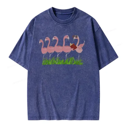 Pagewings Funny Flamingo Reading Book Unisex Washed T-shirt