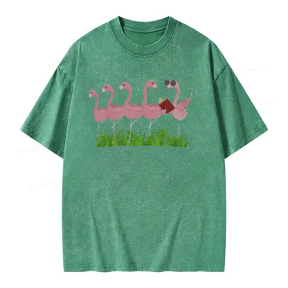 Pagewings Funny Flamingo Reading Book Unisex Washed T-shirt