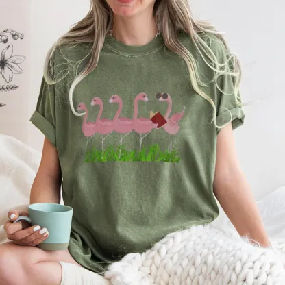 Pagewings Funny Flamingo Reading Book Unisex Washed T-shirt