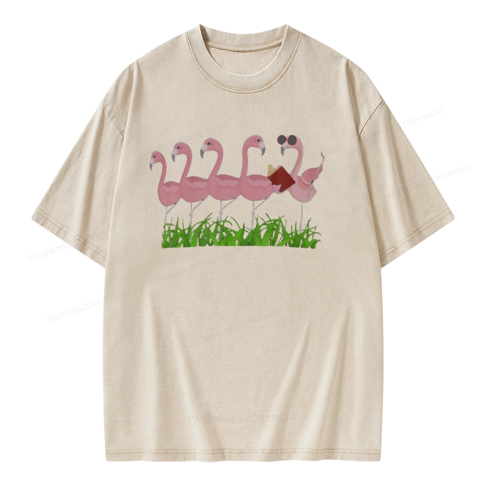 Pagewings Funny Flamingo Reading Book Unisex Washed T-shirt