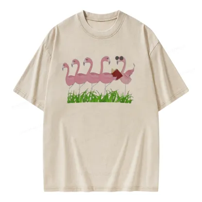 Pagewings Funny Flamingo Reading Book Unisex Washed T-shirt