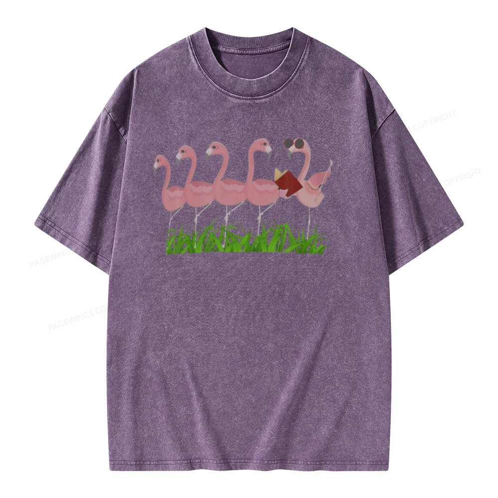 Pagewings Funny Flamingo Reading Book Unisex Washed T-shirt