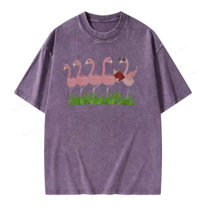 Pagewings Funny Flamingo Reading Book Unisex Washed T-shirt