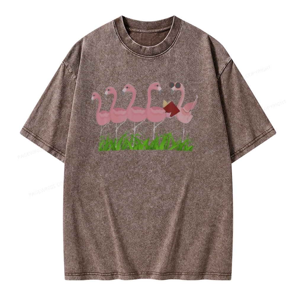 Pagewings Funny Flamingo Reading Book Unisex Washed T-shirt