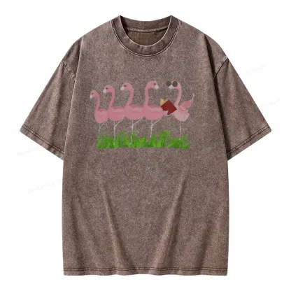Pagewings Funny Flamingo Reading Book Unisex Washed T-shirt
