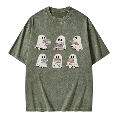 Pagewings Ghost Reading Halloween Unisex Washed T-shirt