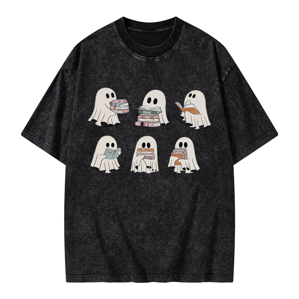 Pagewings Ghost Reading Halloween Unisex Washed T-shirt