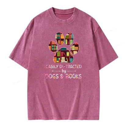Pagewings Easily Distracted By Dogs And Books Unisex Washed T-shirt