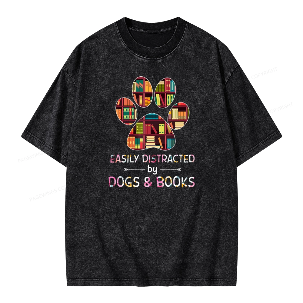 Pagewings Easily Distracted By Dogs And Books Unisex Washed T-shirt