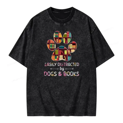 Pagewings Easily Distracted By Dogs And Books Unisex Washed T-shirt