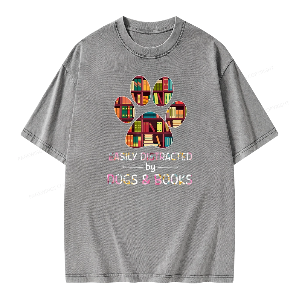 Pagewings Easily Distracted By Dogs And Books Unisex Washed T-shirt