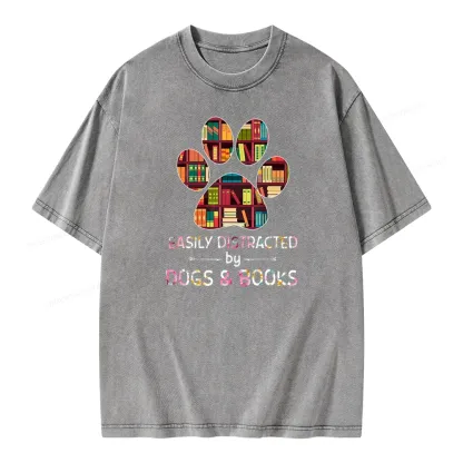 Pagewings Easily Distracted By Dogs And Books Unisex Washed T-shirt