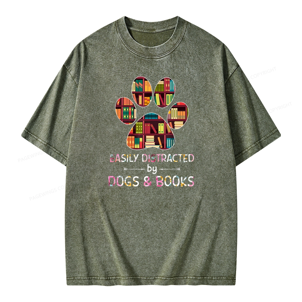 Pagewings Easily Distracted By Dogs And Books Unisex Washed T-shirt