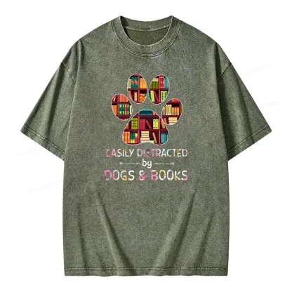 Pagewings Easily Distracted By Dogs And Books Unisex Washed T-shirt