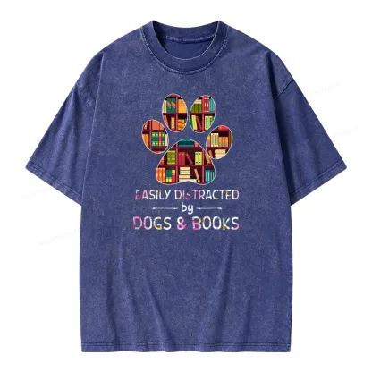 Pagewings Easily Distracted By Dogs And Books Unisex Washed T-shirt