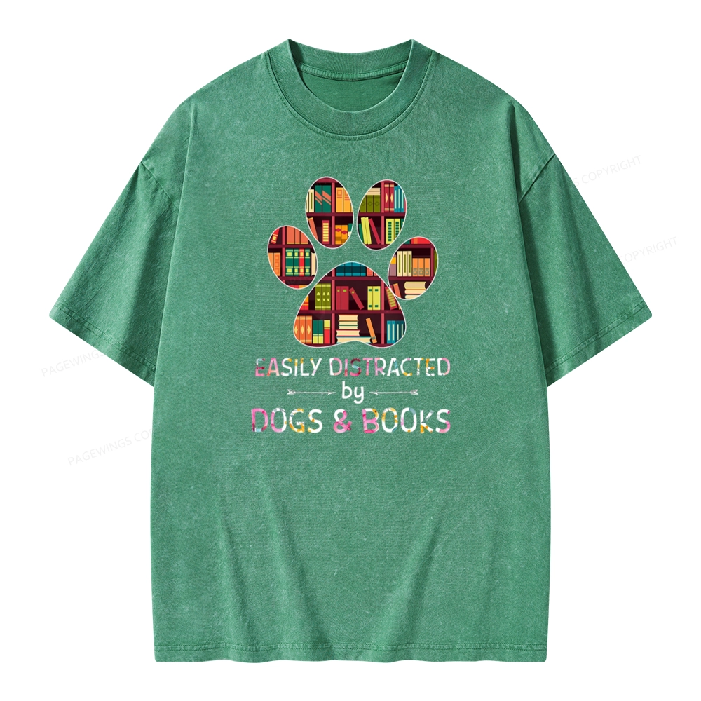 Pagewings Easily Distracted By Dogs And Books Unisex Washed T-shirt