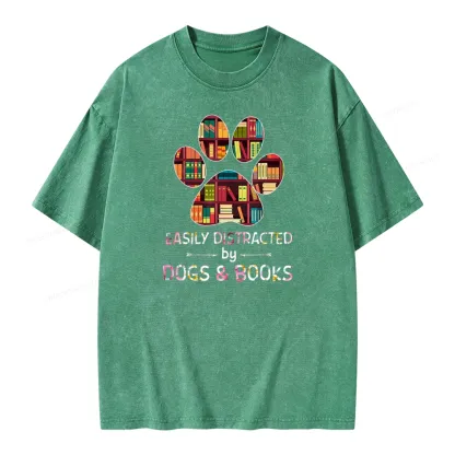 Pagewings Easily Distracted By Dogs And Books Unisex Washed T-shirt