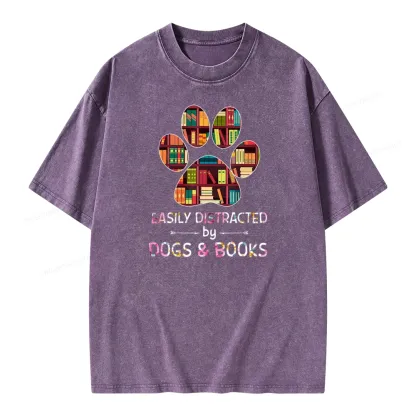 Pagewings Easily Distracted By Dogs And Books Unisex Washed T-shirt