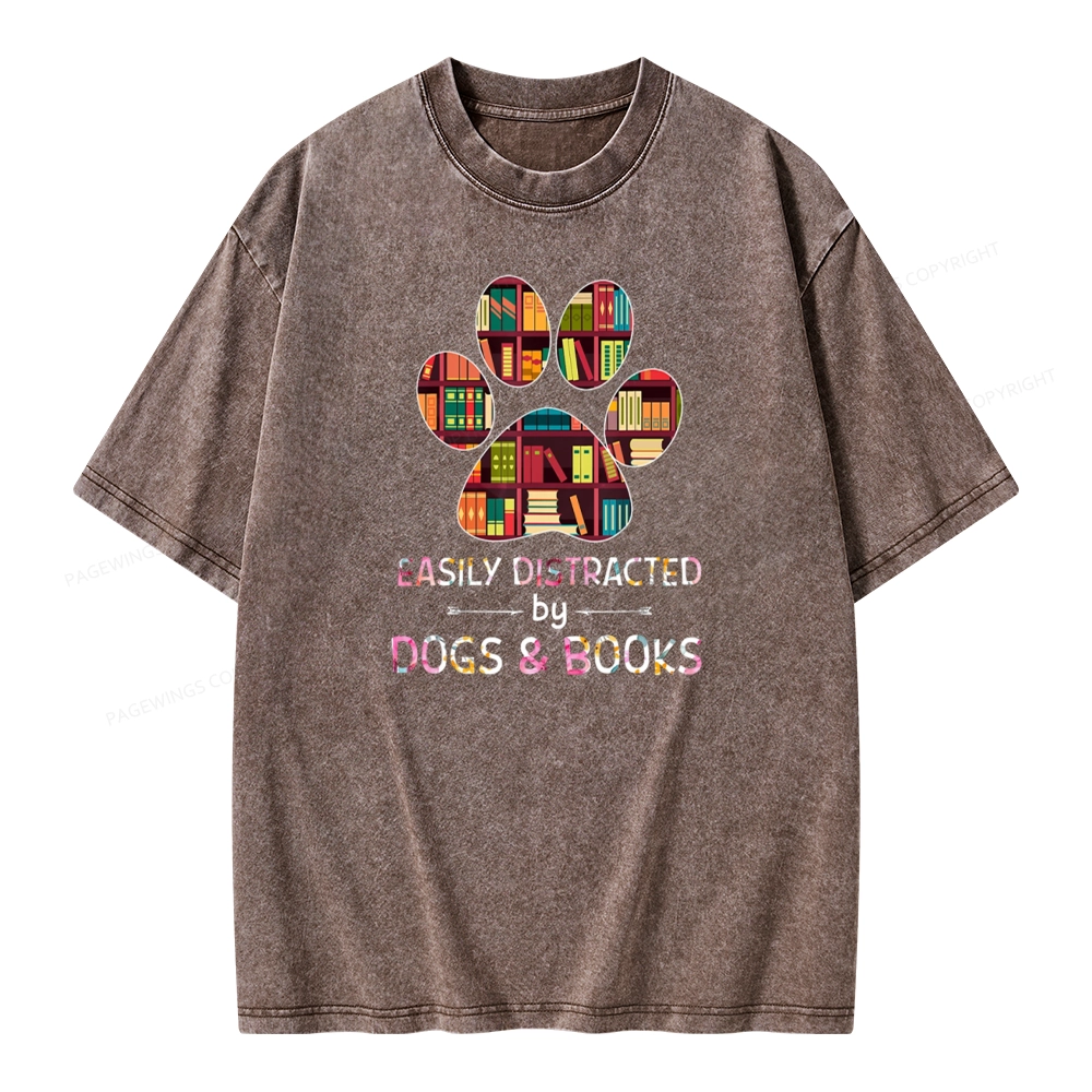 Pagewings Easily Distracted By Dogs And Books Unisex Washed T-shirt