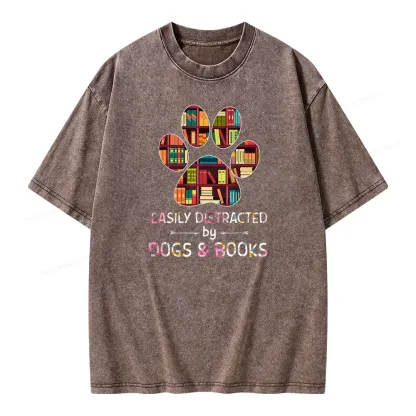 Pagewings Easily Distracted By Dogs And Books Unisex Washed T-shirt