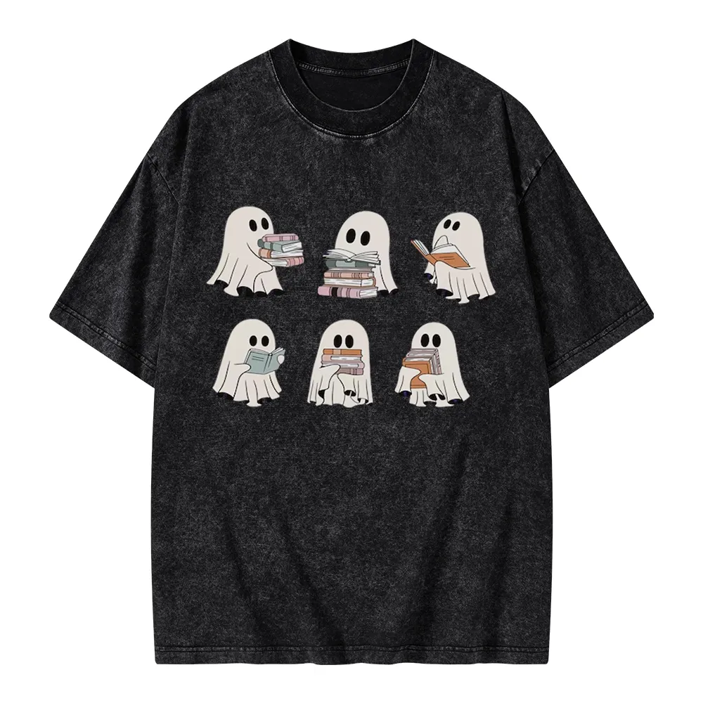 Pagewings Ghost Reading Halloween Unisex Washed T-shirt