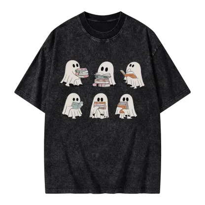 Pagewings Ghost Reading Halloween Unisex Washed T-shirt