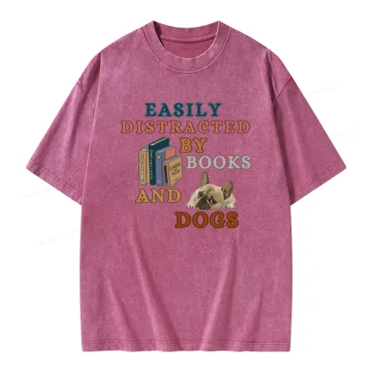 Pagewings Easily Distracted By Books And Dogs Unisex Washed T-shirt