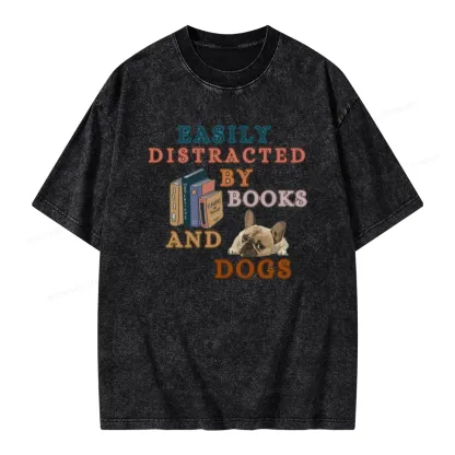 Pagewings Easily Distracted By Books And Dogs Unisex Washed T-shirt