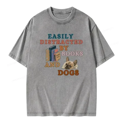 Pagewings Easily Distracted By Books And Dogs Unisex Washed T-shirt