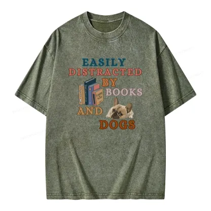 Pagewings Easily Distracted By Books And Dogs Unisex Washed T-shirt