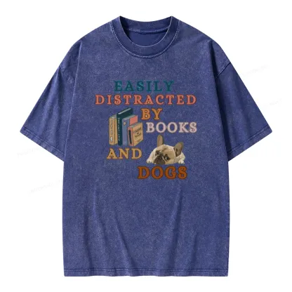 Pagewings Easily Distracted By Books And Dogs Unisex Washed T-shirt