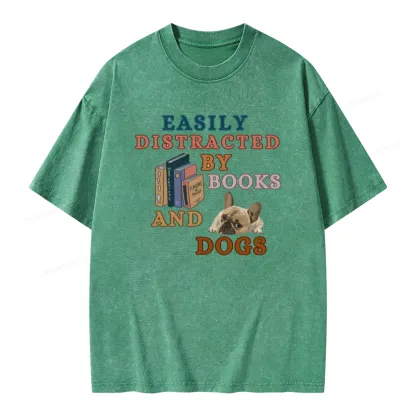 Pagewings Easily Distracted By Books And Dogs Unisex Washed T-shirt