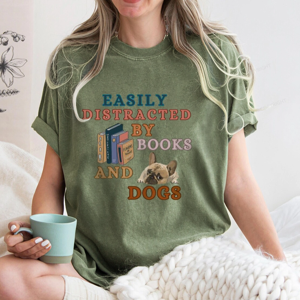 Pagewings Easily Distracted By Books And Dogs Unisex Washed T-shirt