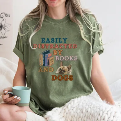Pagewings Easily Distracted By Books And Dogs Unisex Washed T-shirt