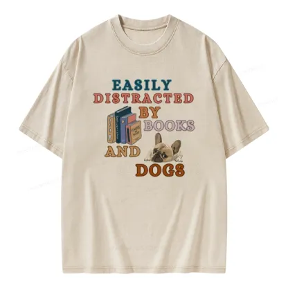 Pagewings Easily Distracted By Books And Dogs Unisex Washed T-shirt