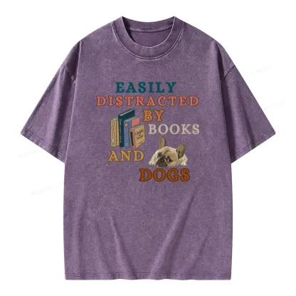 Pagewings Easily Distracted By Books And Dogs Unisex Washed T-shirt