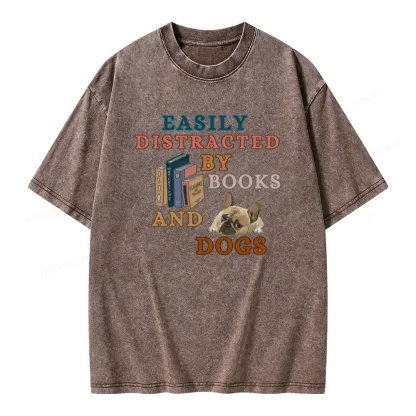 Pagewings Easily Distracted By Books And Dogs Unisex Washed T-shirt
