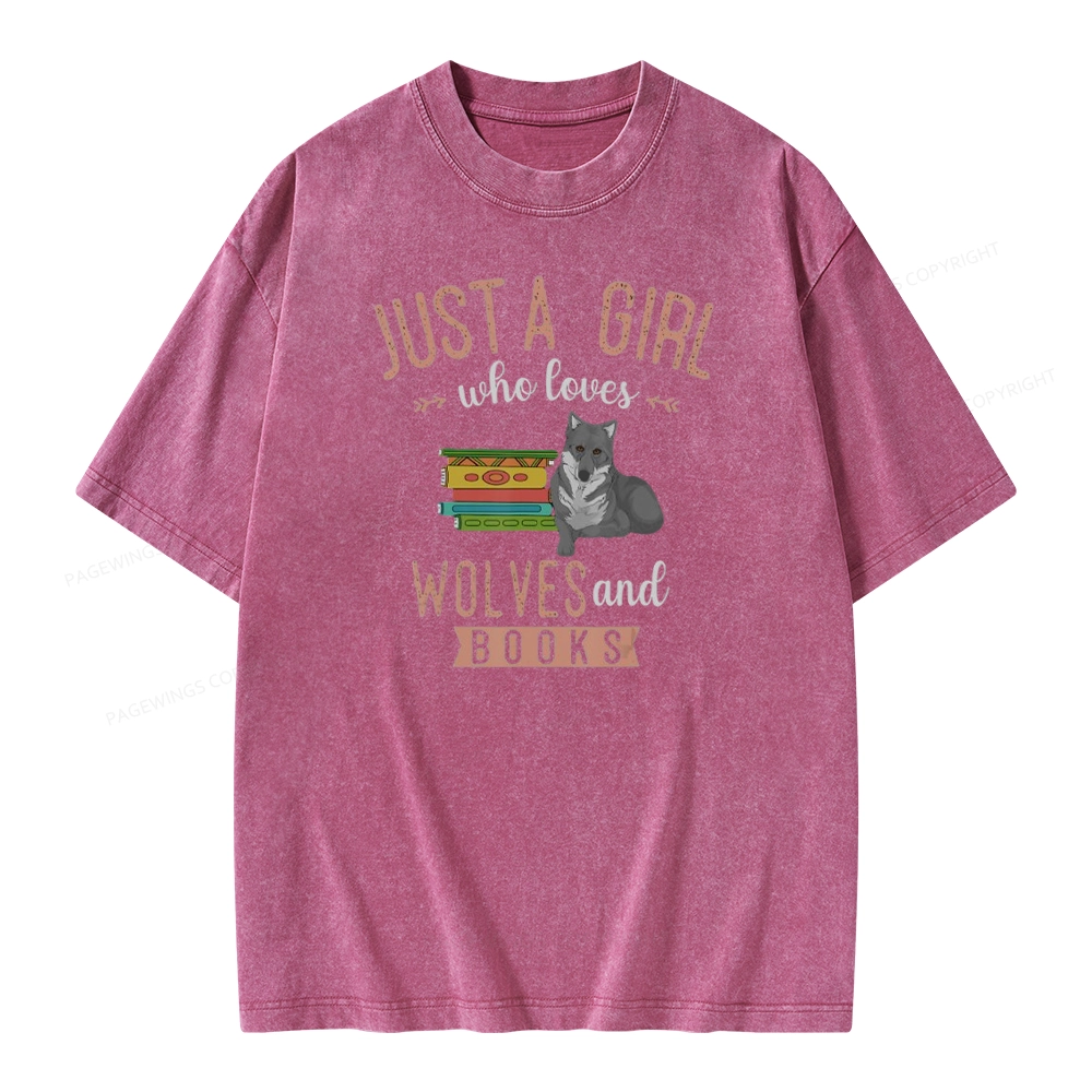 Pagewings Girls Forest Animal Book Wolf Reading Unisex Washed T-shirt