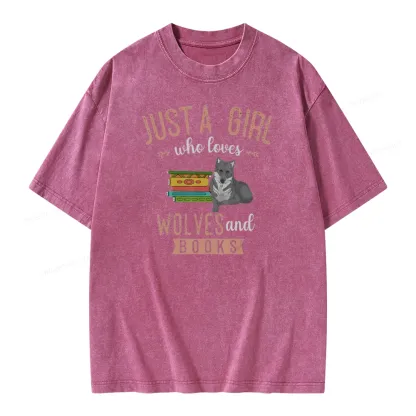 Pagewings Girls Forest Animal Book Wolf Reading Unisex Washed T-shirt