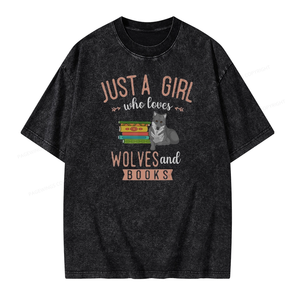 Pagewings Girls Forest Animal Book Wolf Reading Unisex Washed T-shirt