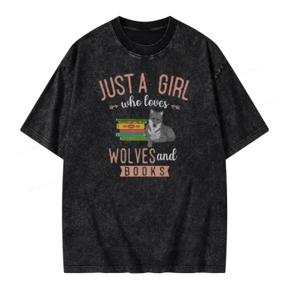 Pagewings Girls Forest Animal Book Wolf Reading Unisex Washed T-shirt