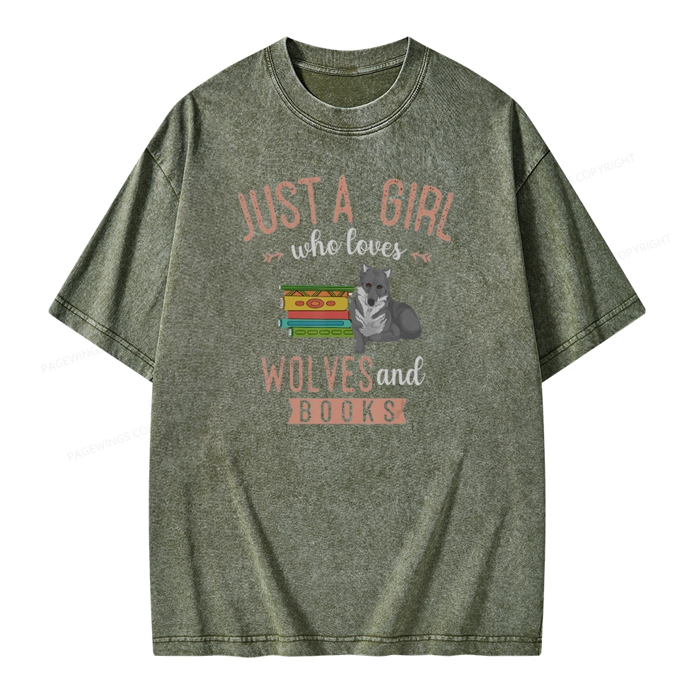 Pagewings Girls Forest Animal Book Wolf Reading Unisex Washed T-shirt