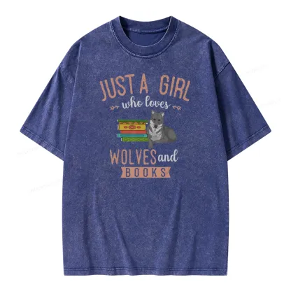 Pagewings Girls Forest Animal Book Wolf Reading Unisex Washed T-shirt