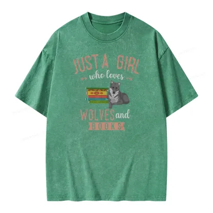 Pagewings Girls Forest Animal Book Wolf Reading Unisex Washed T-shirt