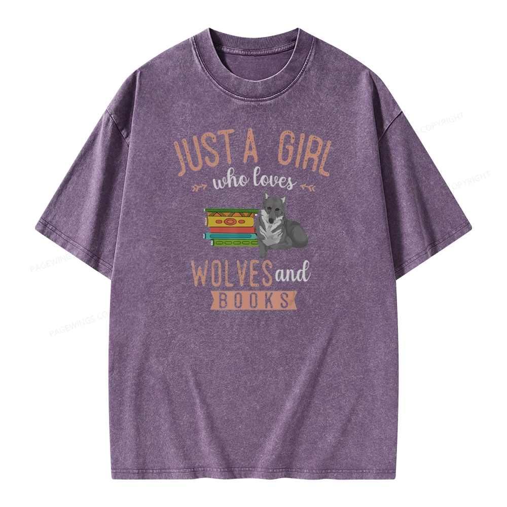Pagewings Girls Forest Animal Book Wolf Reading Unisex Washed T-shirt