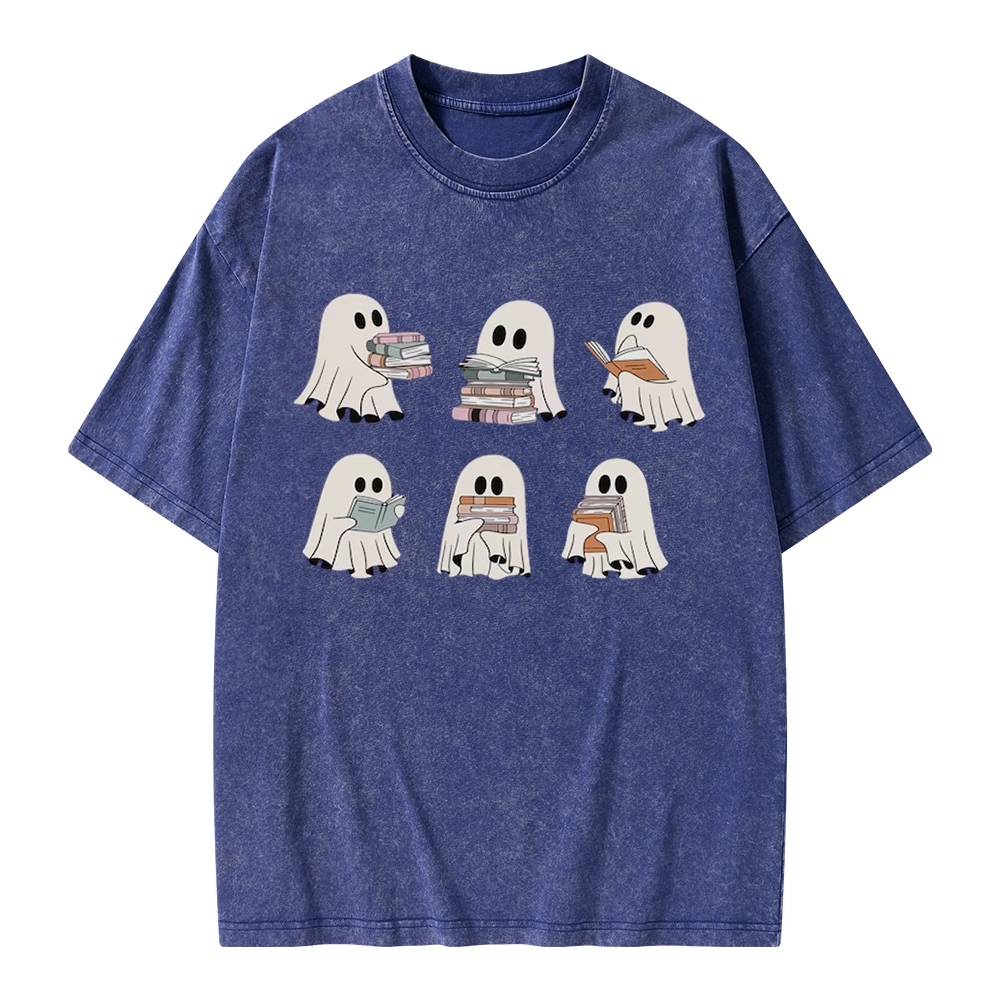 Pagewings Ghost Reading Halloween Unisex Washed T-shirt
