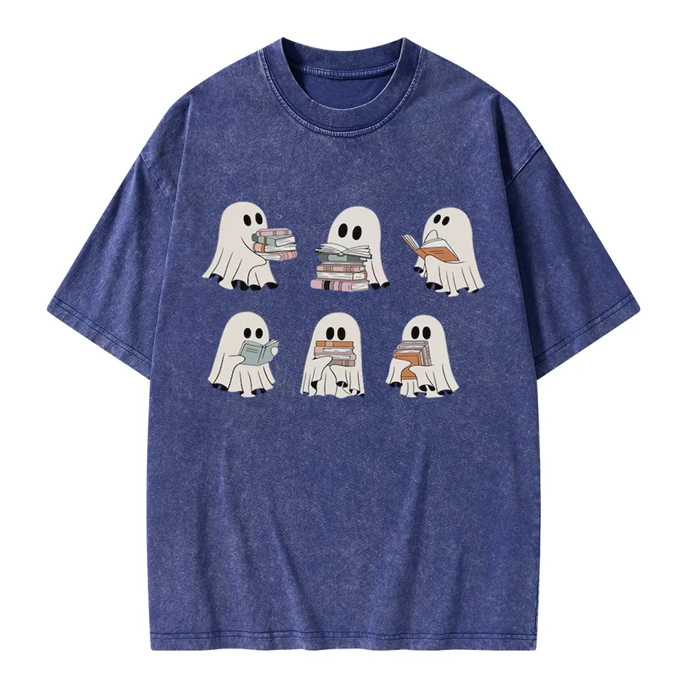 Pagewings Ghost Reading Halloween Unisex Washed T-shirt
