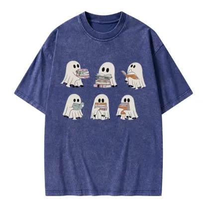 Pagewings Ghost Reading Halloween Unisex Washed T-shirt