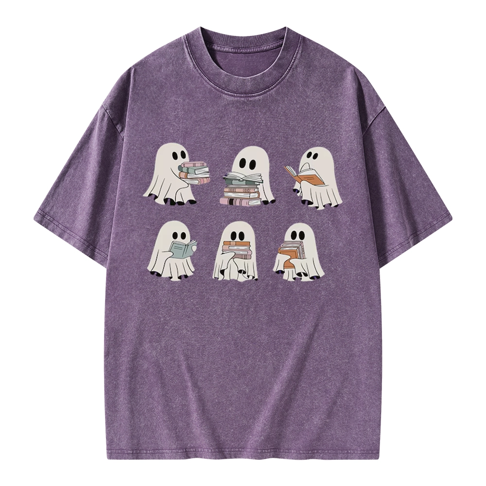 Pagewings Ghost Reading Halloween Unisex Washed T-shirt