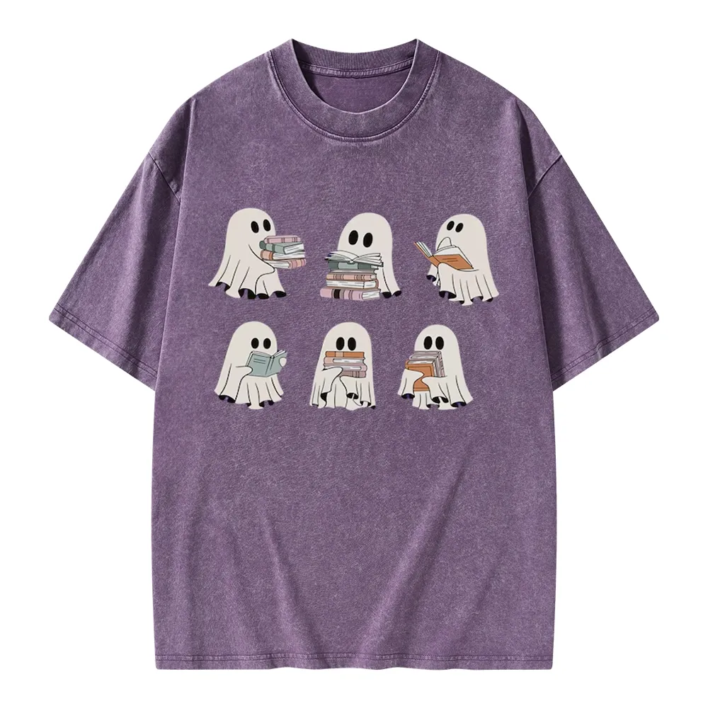 Pagewings Ghost Reading Halloween Unisex Washed T-shirt